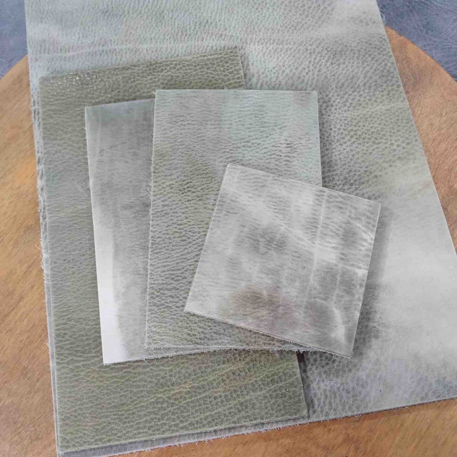 Choice of sizes of thick pre-cut leather tiles suitable for walls, floors - ready to be dyed and coloured.