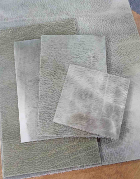 Choice of sizes of thick pre-cut leather tiles suitable for walls, floors - ready to be dyed and coloured.