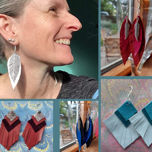 Load image into Gallery viewer, To make your own Leather Earrings - you will need small remnant scraps of metallic foil leathers, soft nappa lambskin/sheepskin or soft lightweight suede.
