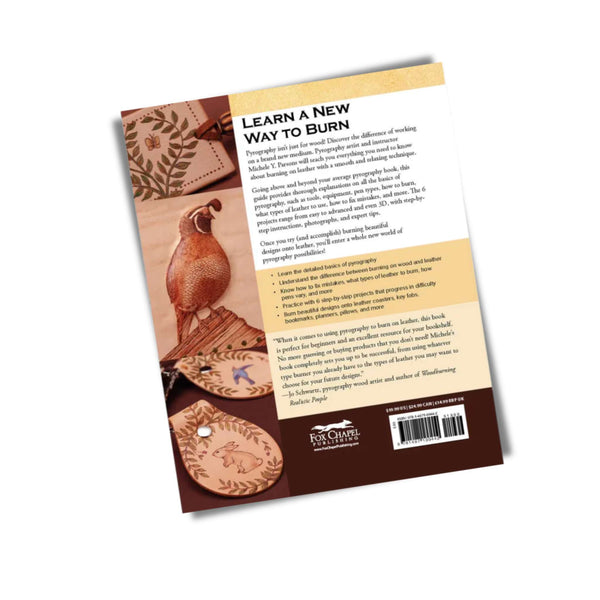 Back cover - A beginners guide book to burning decorative design into leather with tips and projects,