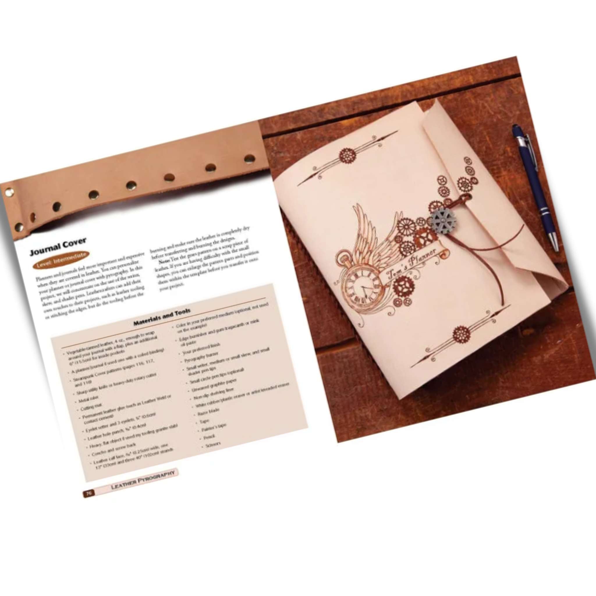 Inside page - A beginners guide book to burning decorative design into leather with tips and projects,