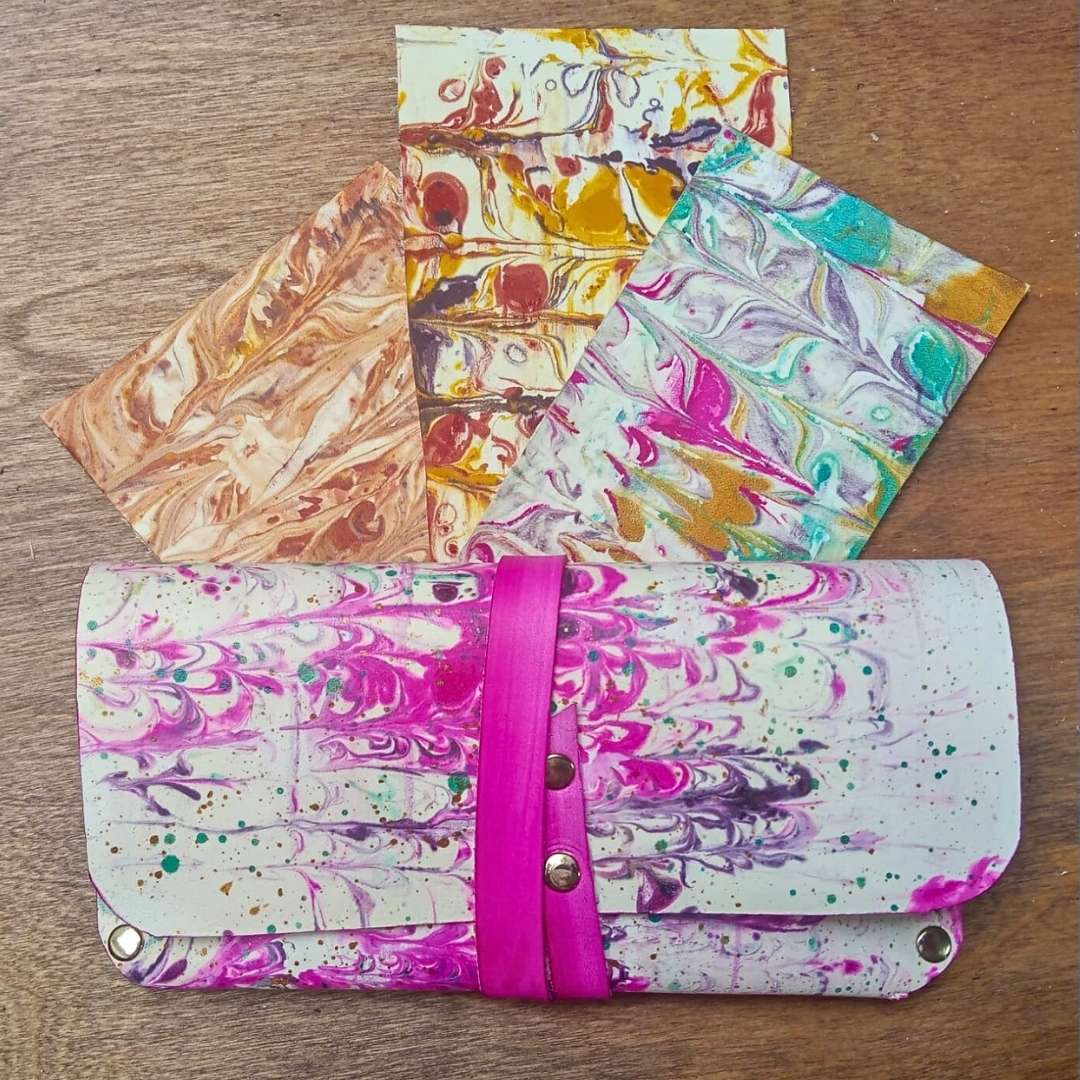 Bringing some joyful delight to your leathercraft - a chance to have a go for yourself at marbling on leather, and making your piece into a useful pouch case.&nbsp;