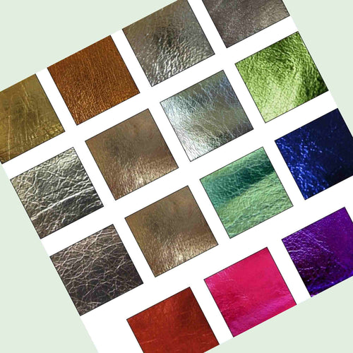 Load image into Gallery viewer, Order a sample swatch card to show the metallic foil leather choice of colours from Identity Leathercraft
