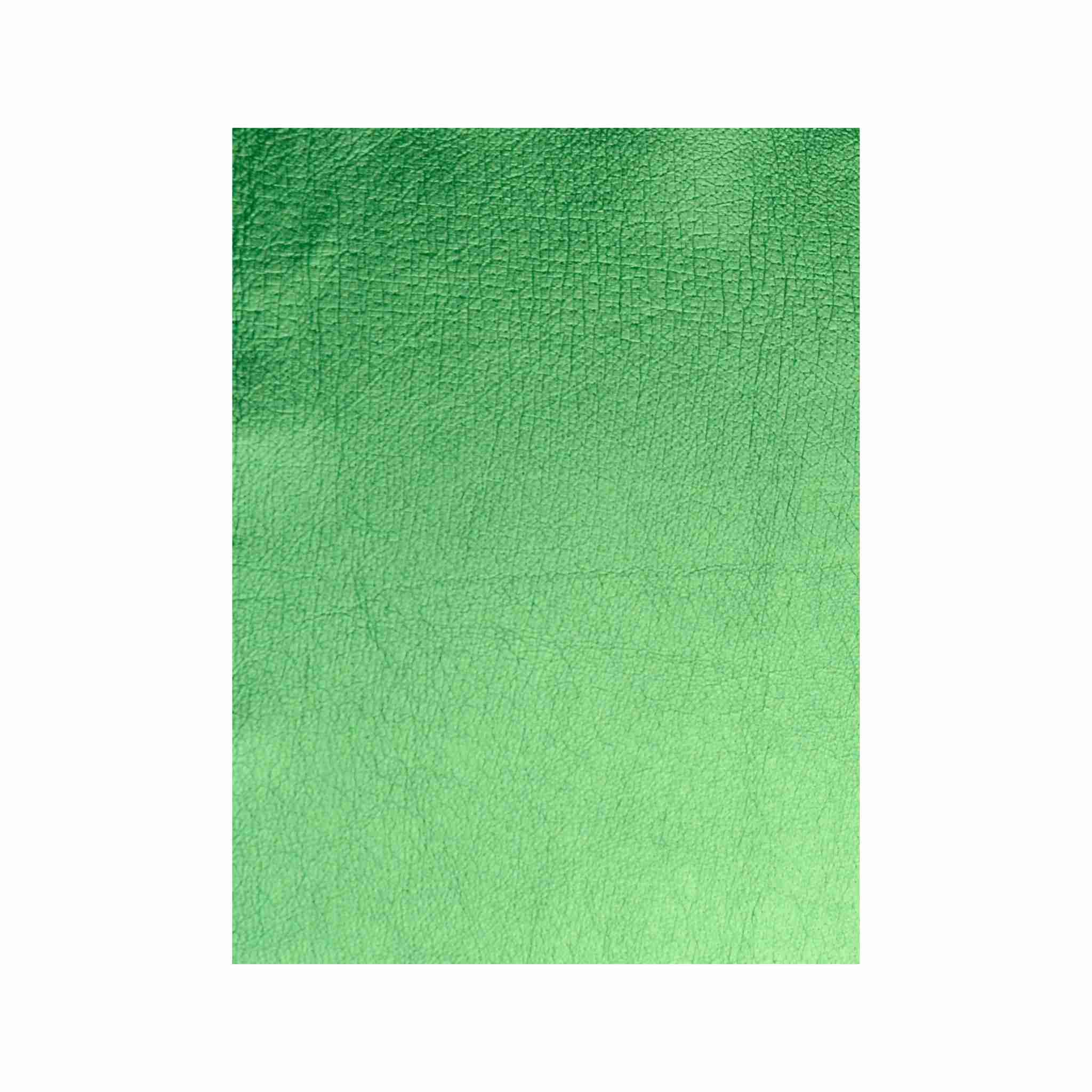 Metallic foil green leather shimmering soft leather that can be sewn on a domestic sewing machine to make clothes, bags and more