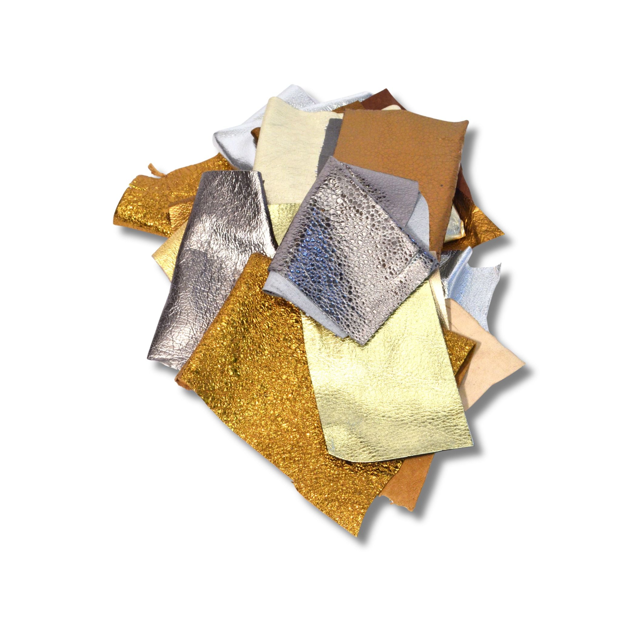 250g Bag of assorted metallic leather pieces ideal for tassells, appliques and other craft
