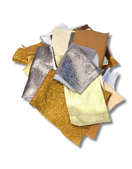 250g Bag of assorted metallic leather pieces ideal for tassells, appliques and other craft