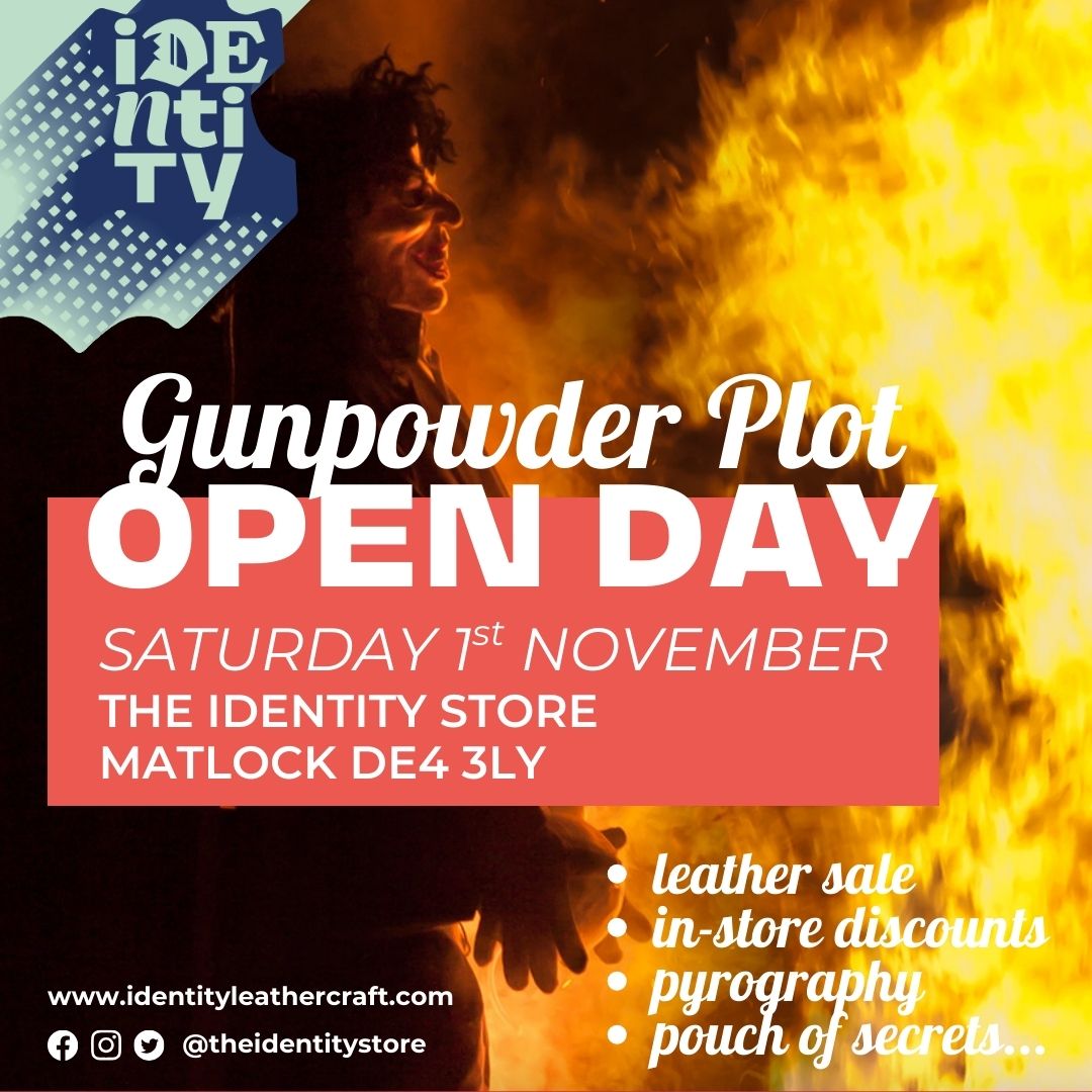 Promotional poster for Gunpowder Plot Open Day at The Identity Store with a silhouette and flames.