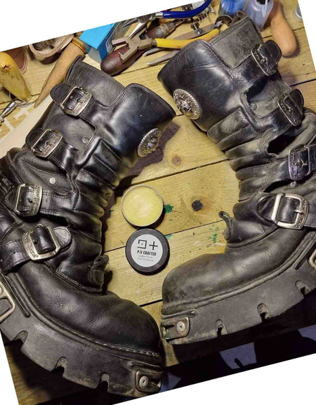 Leather Balm for new and old leather projects, natural wax conditioner show here on boots left after, right before...