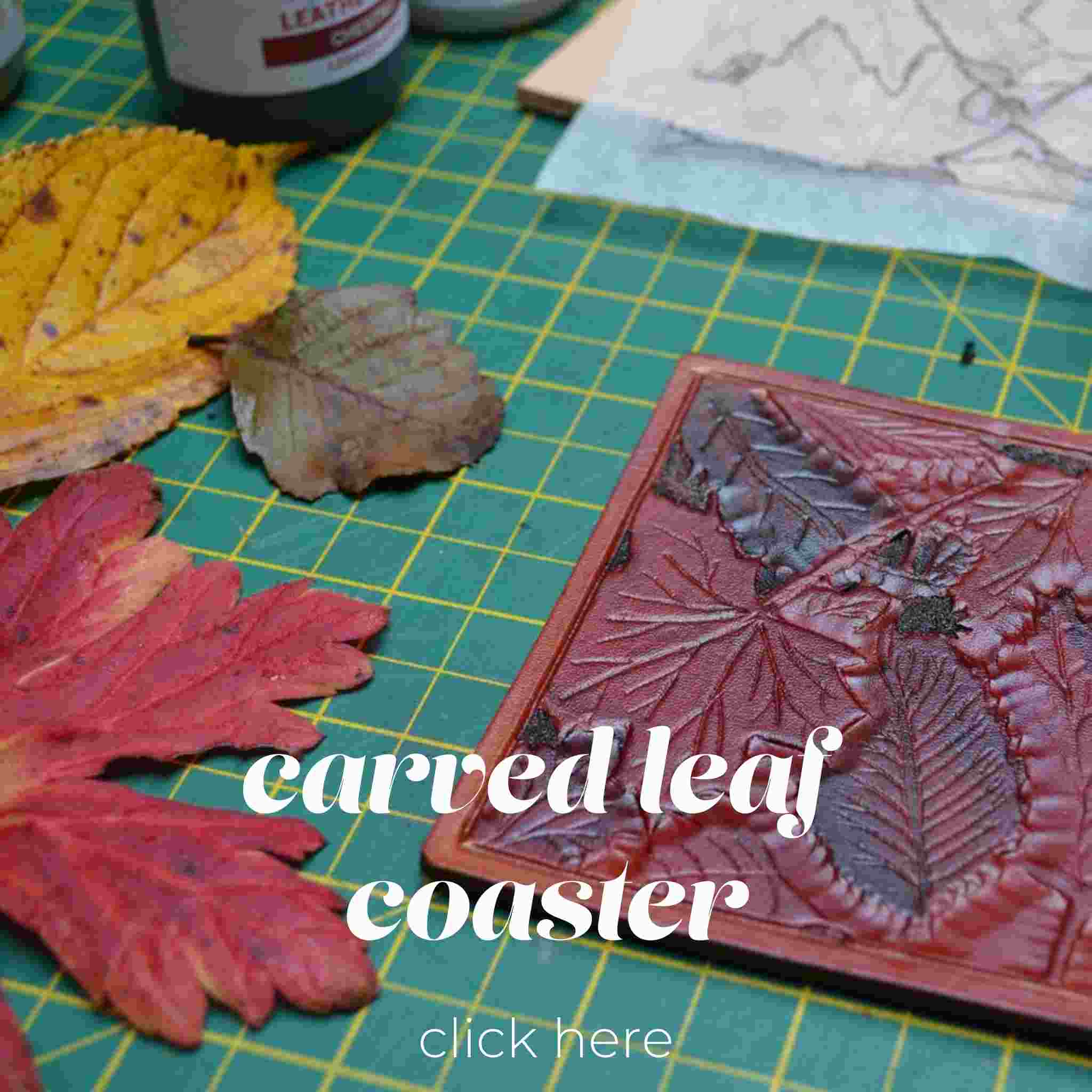 Free leather carving template and tutorial for tooling and embossing an autumn leaf leather coaster