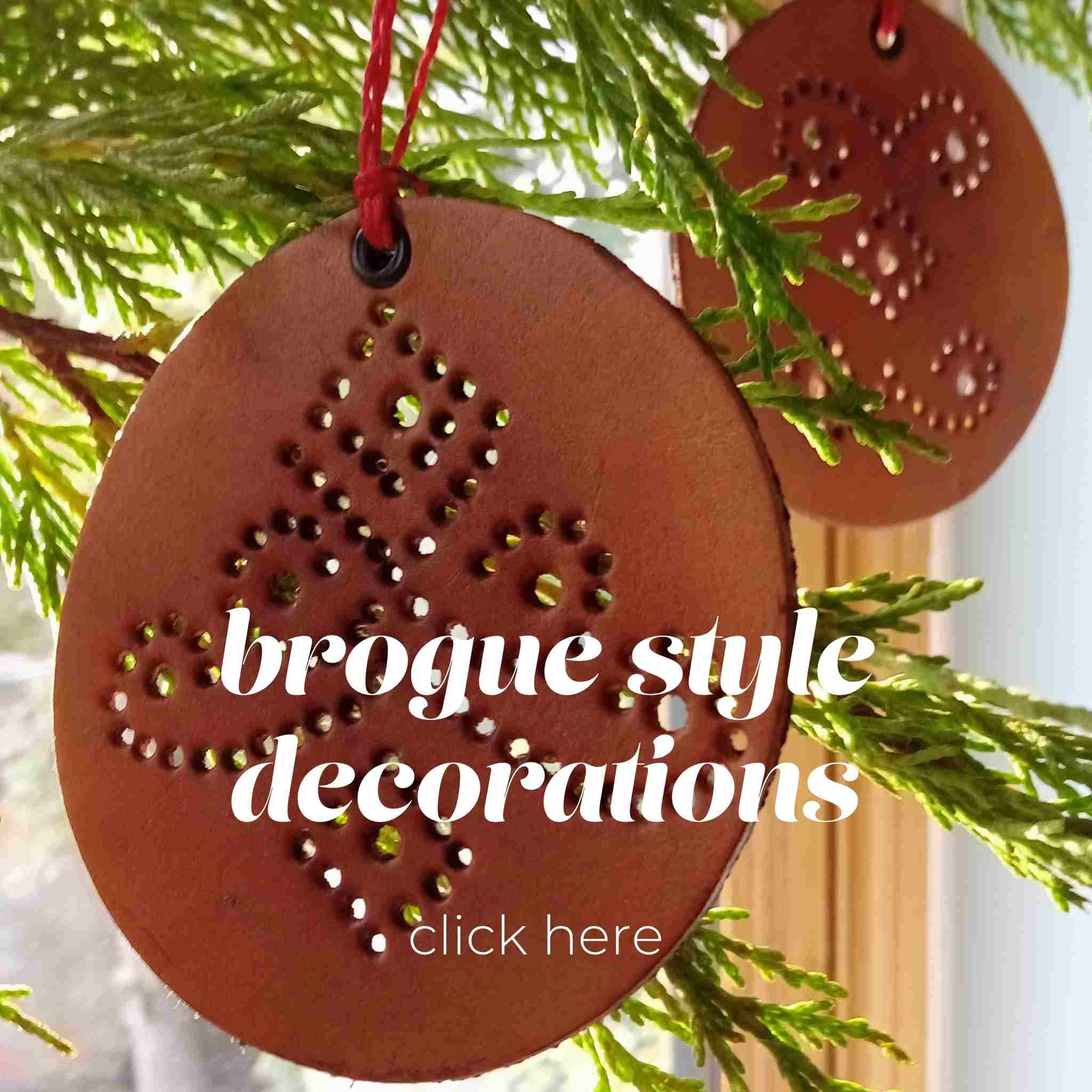 Inspired by the pin hole patterns in brogue shoes, free project template to make your leather Christmas tree decorations