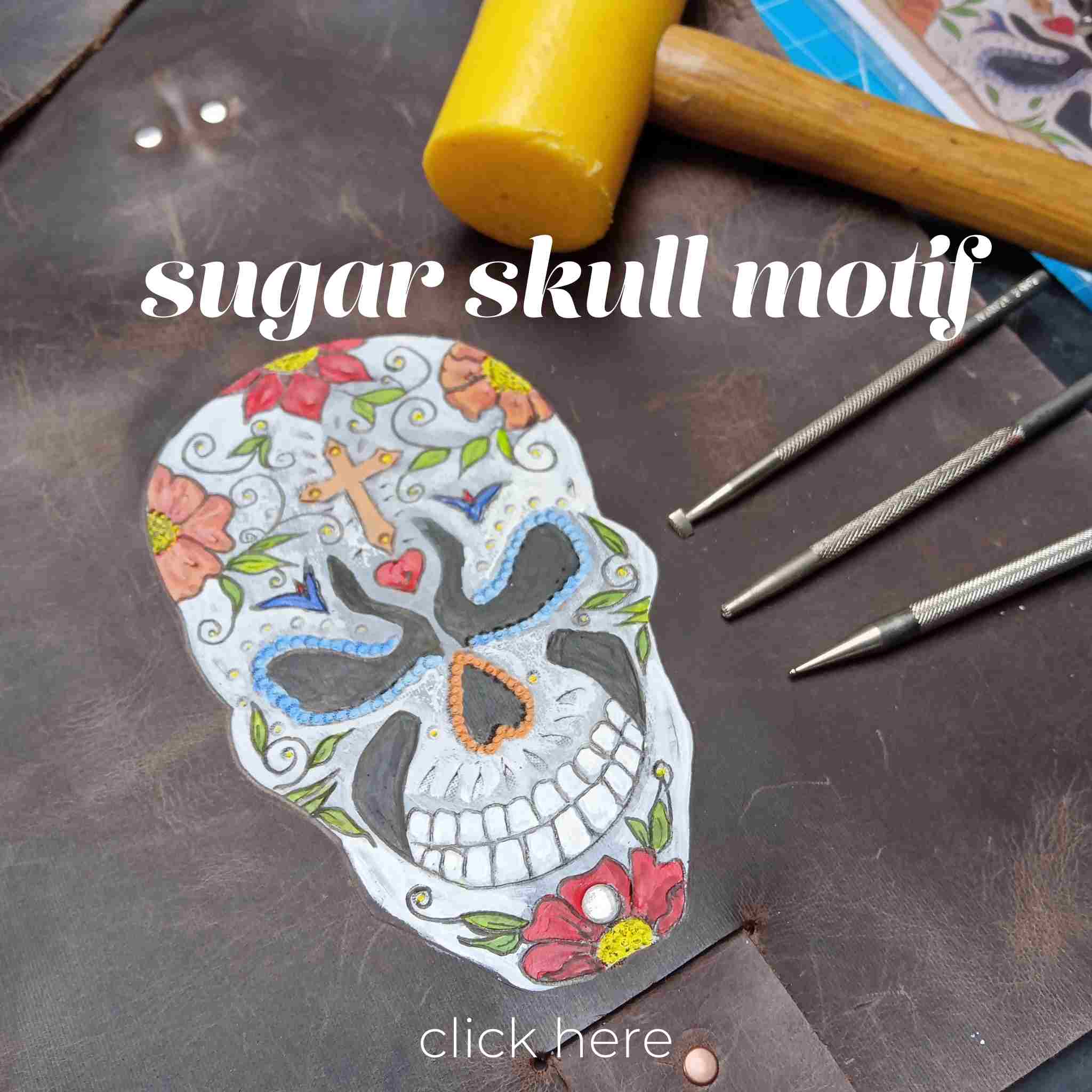 Using the Sugar Skull craftaid and Cadence Hybrid leather paints to create this tooled embossed motif onto leather bags, books... free tutorial