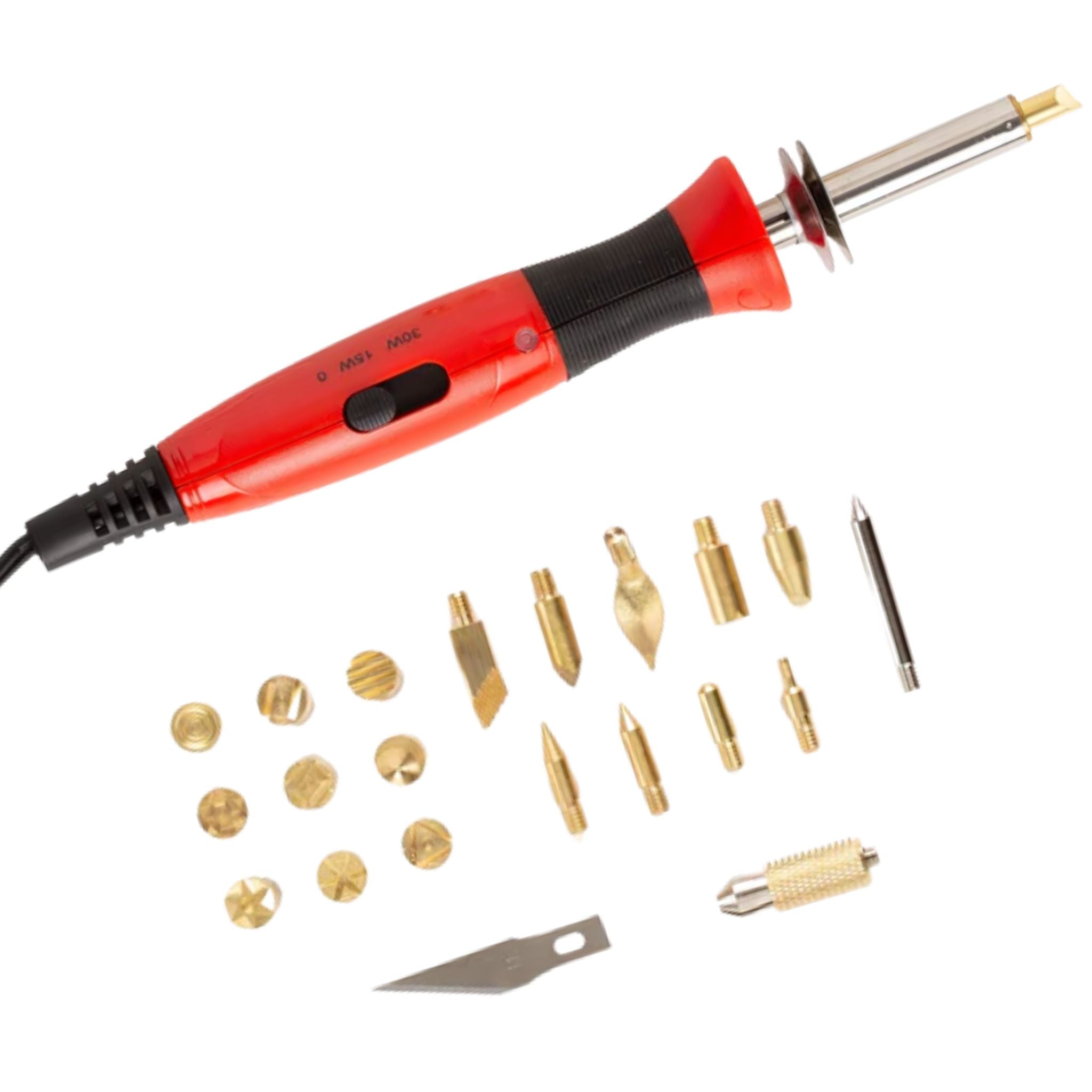 Heated tool with assortment of tips for pyrography, the art of burning and etching into leather or wood.

Use to create art or customise your leather projects with initials, names or messages.