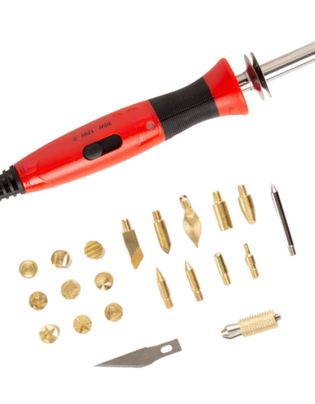 Heated tool with assortment of tips for pyrography, the art of burning and etching into leather or wood.

Use to create art or customise your leather projects with initials, names or messages.