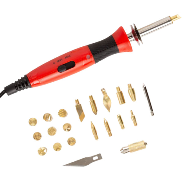 Heated tool with assortment of tips for pyrography, the art of burning and etching into leather or wood.

Use to create art or customise your leather projects with initials, names or messages.