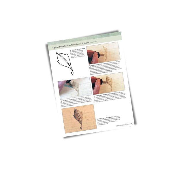 inside page - Book on pyrography - Techniques and exercises for beginners to the art of burning designs into wood and leather.