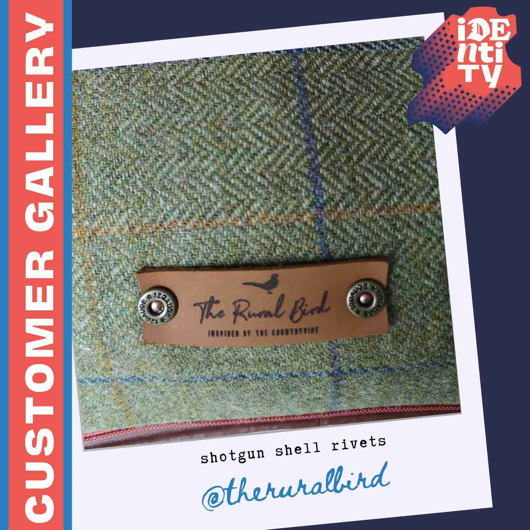 Gallery image to show a leather tag attached to tweed bag with the shotgun shell decorative rivets