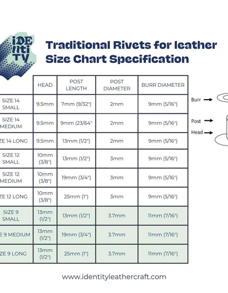 Size chart for traditional style copper rivets for leathercraft