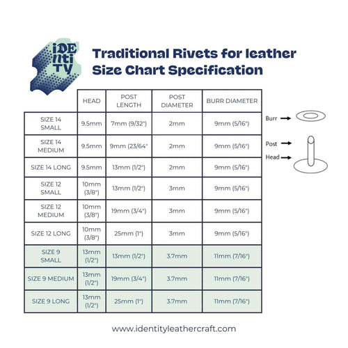 Load image into Gallery viewer, Size chart for traditional style copper rivets for leathercraft
