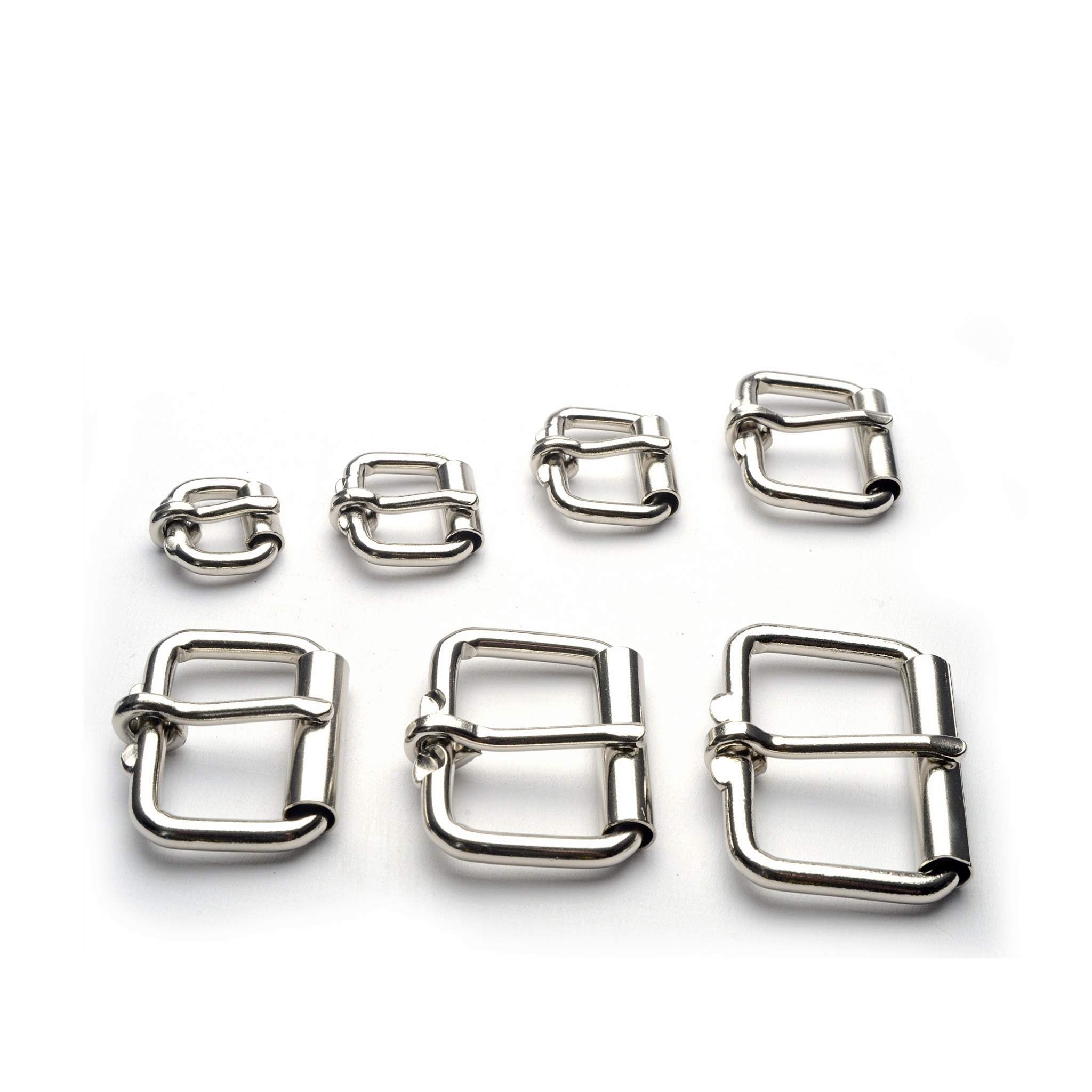 Heel bar roller buckles for straps and belts - available in 7 size options.  Nickel plated steel solid frame general purpose strap buckle with roller which helps with tightening and loosening. Ideal for watch straps, bag and satchel straps, pet collars, arm braces etc.