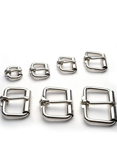 Heel bar roller buckles for straps and belts - available in 7 size options.  Nickel plated steel solid frame general purpose strap buckle with roller which helps with tightening and loosening. Ideal for watch straps, bag and satchel straps, pet collars, arm braces etc.