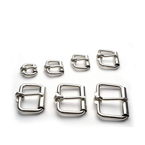 Load image into Gallery viewer, Heel bar roller buckles for straps and belts - available in 7 size options.  Nickel plated steel solid frame general purpose strap buckle with roller which helps with tightening and loosening. Ideal for watch straps, bag and satchel straps, pet collars, arm braces etc.
