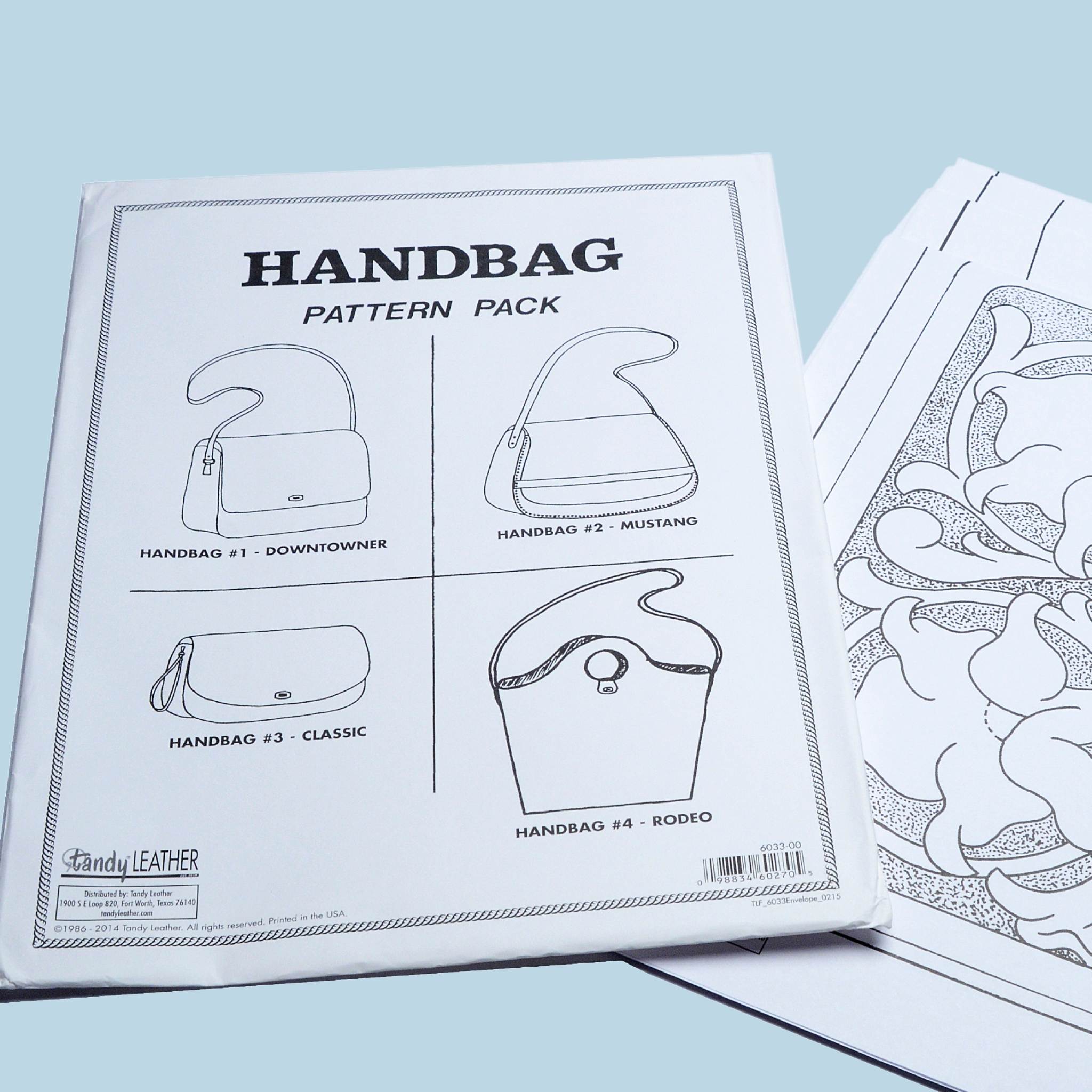 Make your own leather handbag with this paper pattern pack detailing the leathers required and more.  The pack includes paper pattern templates for 4 handbag designs - The Classic, Downtowner, Mustang and Rodeo, with detailed instructions for each, and includes a Sheridan style tooling pattern.
