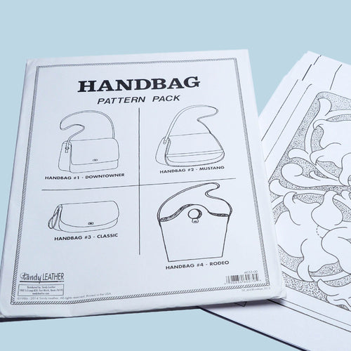 Load image into Gallery viewer, Make your own leather handbag with this paper pattern pack detailing the leathers required and more.  The pack includes paper pattern templates for 4 handbag designs - The Classic, Downtowner, Mustang and Rodeo, with detailed instructions for each, and includes a Sheridan style tooling pattern.

