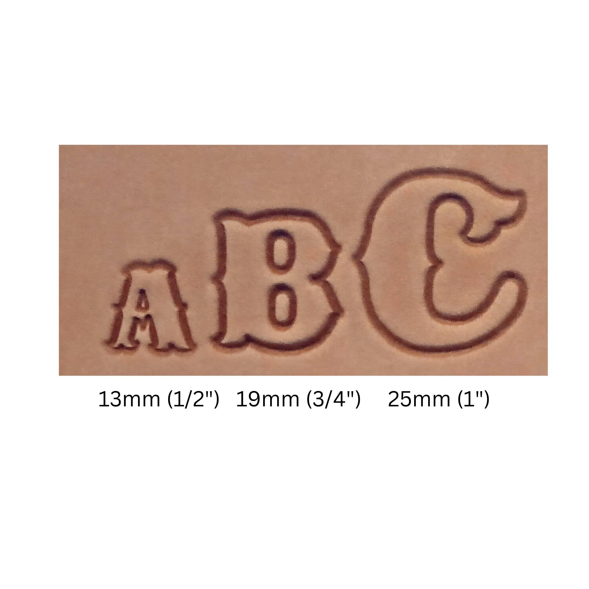 image to show the letter font imprint into leather and size