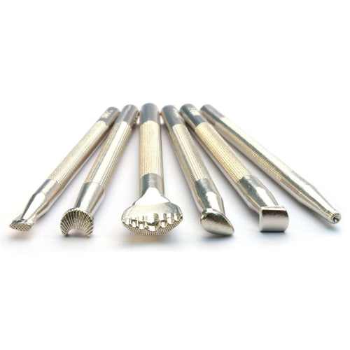 Load image into Gallery viewer, 6 piece leathercraft tools, included in the starter carving set - seeder, camouflage, veiner, pear shader, beveller
