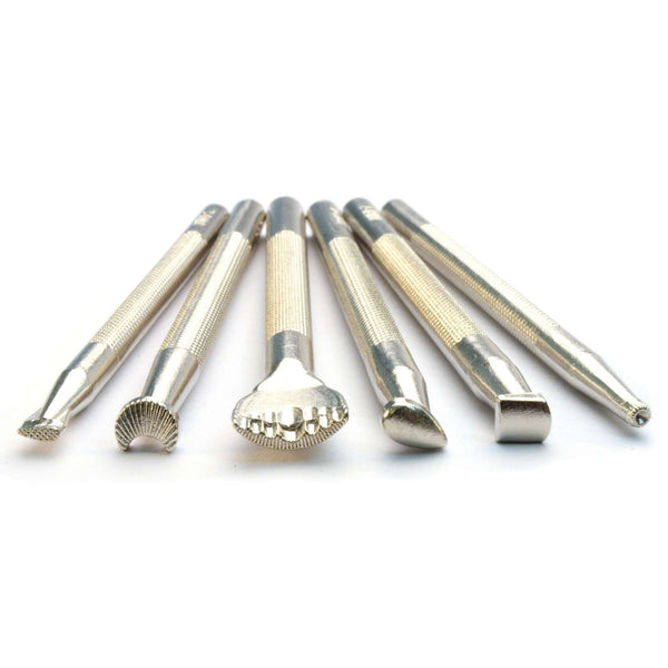 6 piece leathercraft tools, included in the starter carving set - seeder, camouflage, veiner, pear shader, beveller