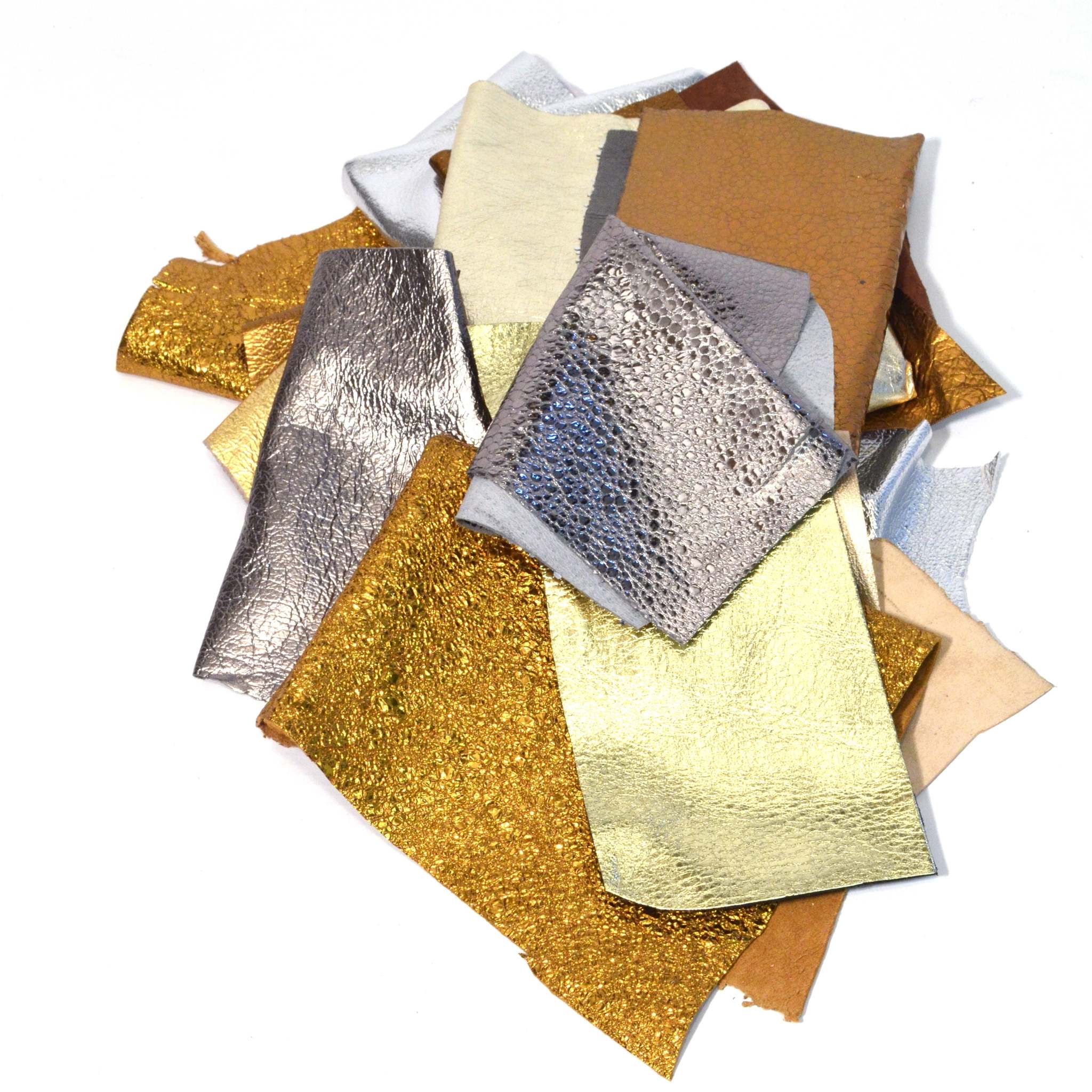 250g Bag of assorted metallic leather pieces ideal for tassells, appliques and other craft