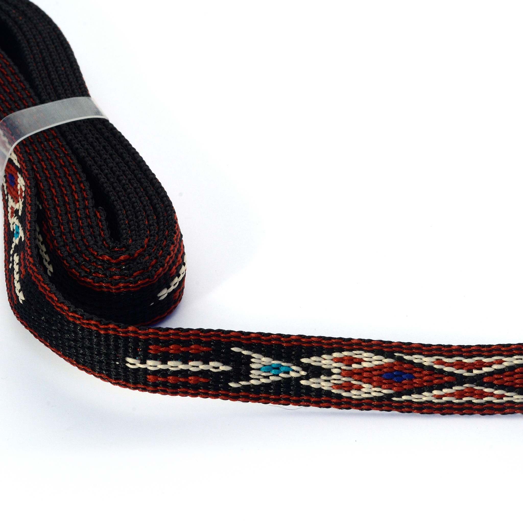 Decorative woven hitched style webbing with native american motif