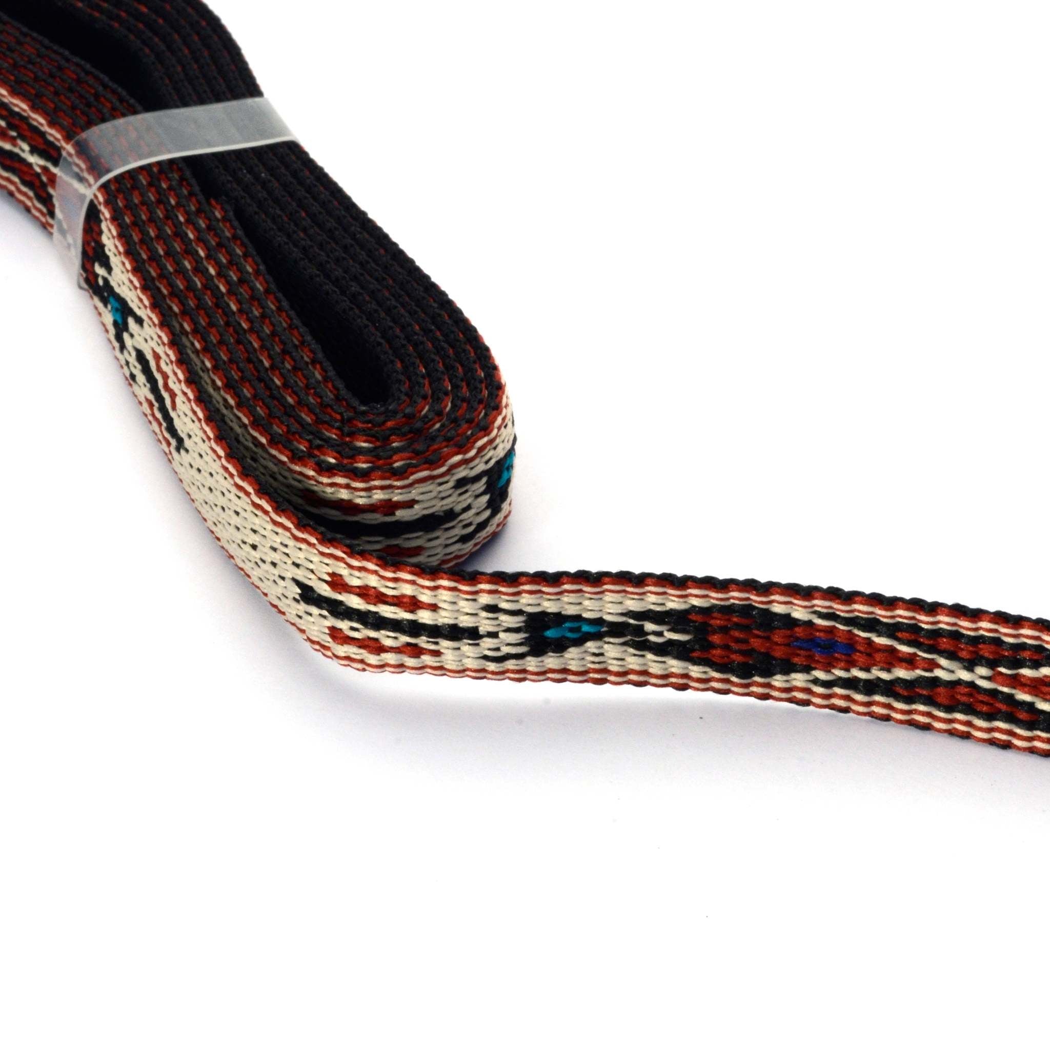 Decorative woven hitched style webbing with native american motif
