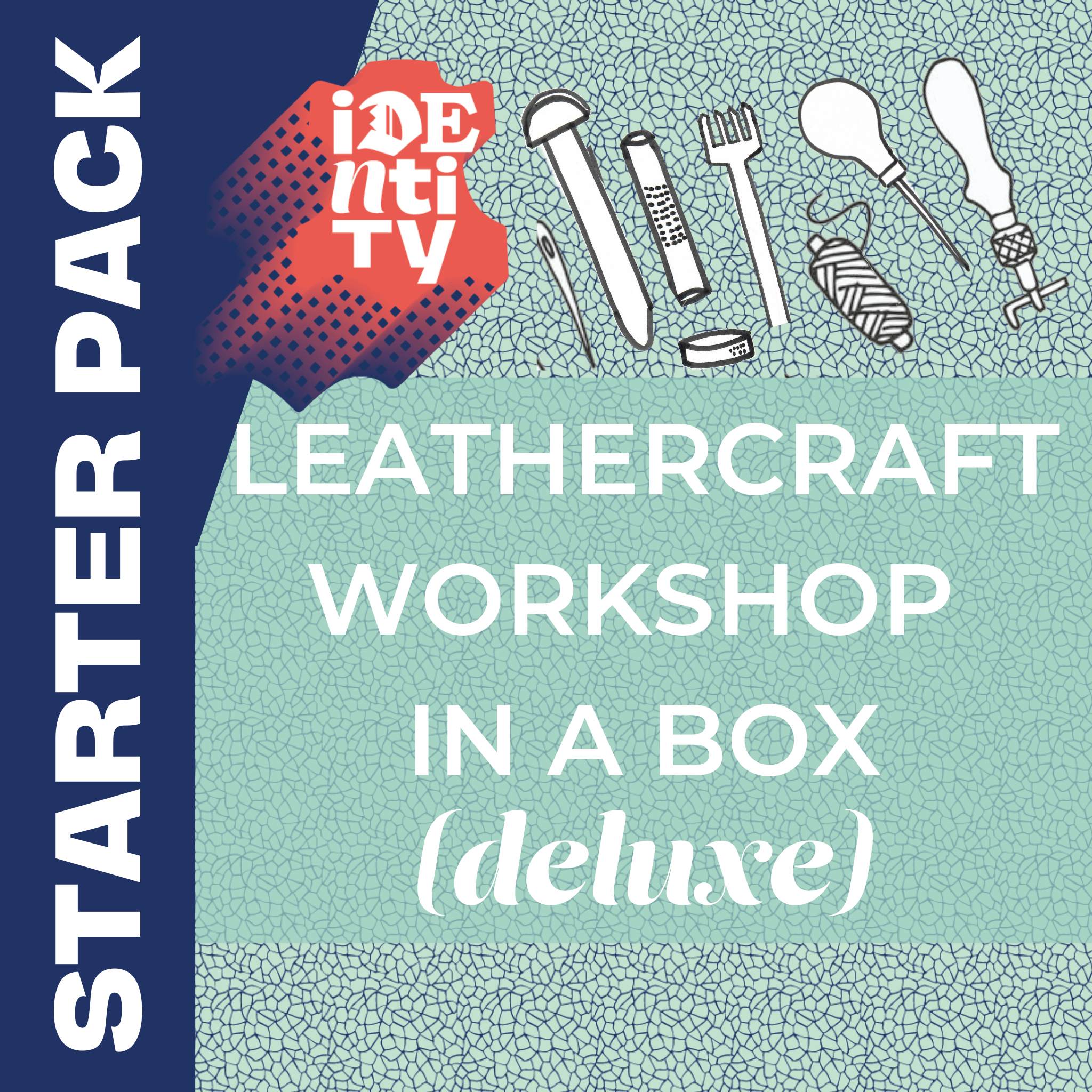 A comprehensive starter tool set for general leathercraft - tools, leathers, dye, instructional guides and templates.  The Identity Store ‘Workshop in a Box’ has been put together to give you the tools you need to start making things from leather.  The pack includes several pieces of leather and templates for good starter leather projects as well as some guide notes to help you learn to edge, stitch and set rivets and press studs.