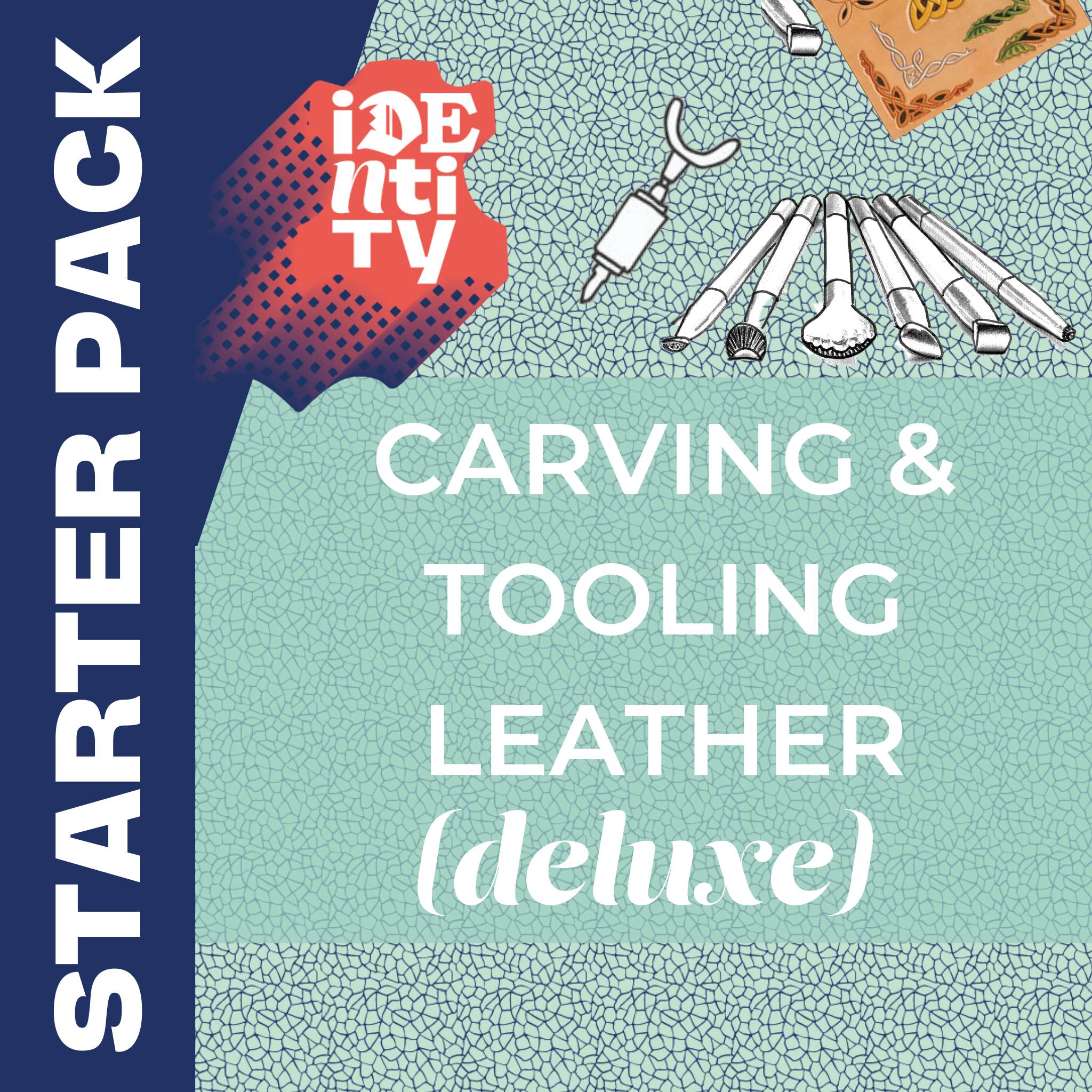 This comprehensive pack will give you a great start for carving and tooling leather and comes with Celtic craftaid pattern.  It comes in a neat drawstring cotton bag with a Guide to Carving & Tooling and a FREE template and instructions for making a carved Leaf coaster.  #leathercarving #decoratingleather #vegetabletannedleather #toolingleather #leathercraft #starterpack #newskills