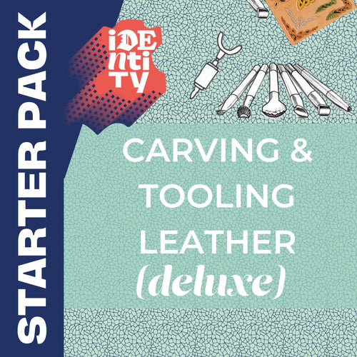Load image into Gallery viewer, This comprehensive pack will give you a great start for carving and tooling leather and comes with Celtic craftaid pattern.  It comes in a neat drawstring cotton bag with a Guide to Carving &amp; Tooling and a FREE template and instructions for making a carved Leaf coaster.  #leathercarving #decoratingleather #vegetabletannedleather #toolingleather #leathercraft #starterpack #newskills
