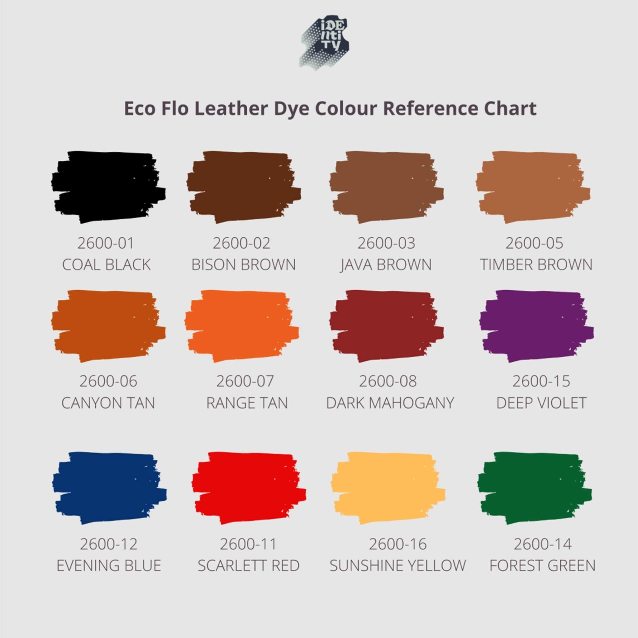 Eco-Flo Leather Dye Colour Chart from Identity Leathercraft