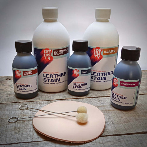 Identity store own brand water based stain colours for dyeing leather, work for both colouring veg tan and chrome leathers