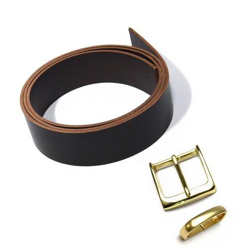 Load image into Gallery viewer, Make your own leather belt starter pack - choose from black, brown or tan with brass or nickel hardware

